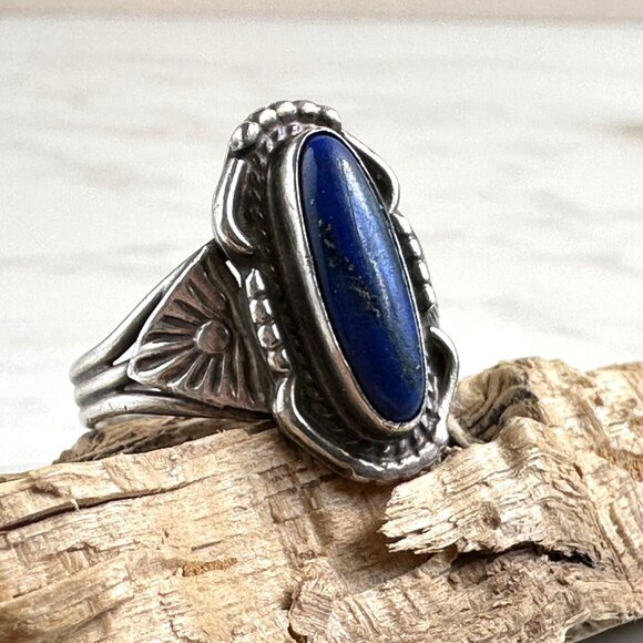Vintage Native American Lapis Ring, Sterling Silver Size 8, Boho Jewelry - Picture 1 of 9